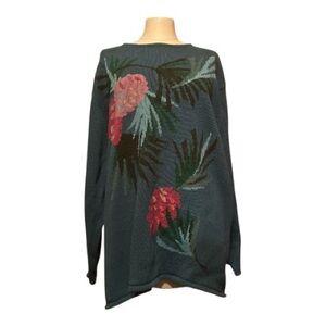 Belle Isle 2x Teal floral print long sleeve looseknit sweater